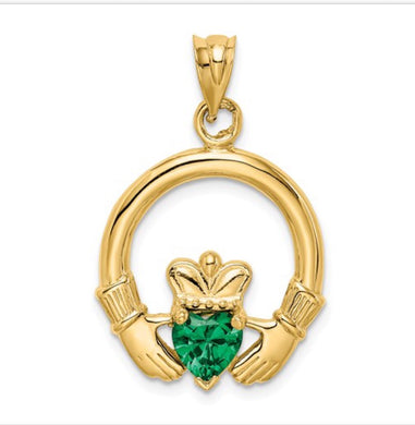 14k Claddagh With Synthetic Green Stone Pendant