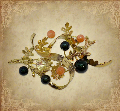 Coral and Black Pearl Gold Brooch