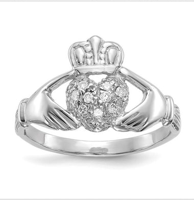 14k White Gold Diamond Claddagh Ring