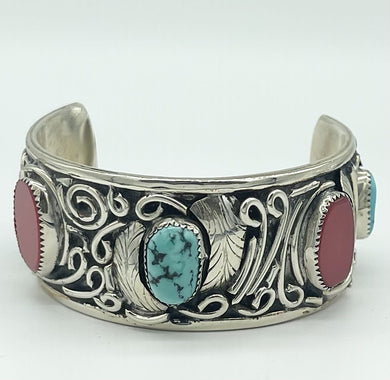 Wide Coral & Turquoise Cuff